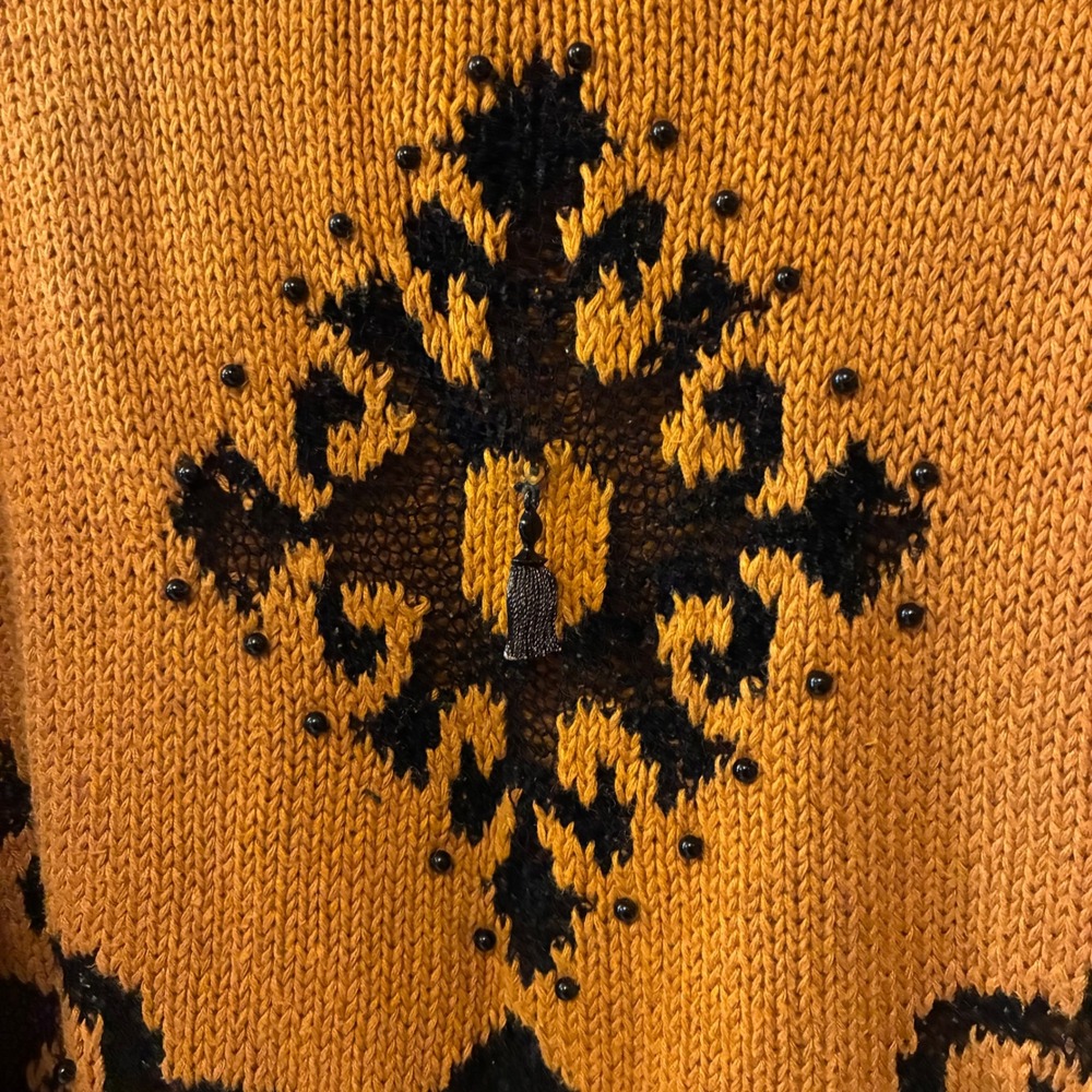 Studio Michelle Stuart Hand Knit Sweater Medium Vintage Mustard Black Abstract - Picture 6 of 17
